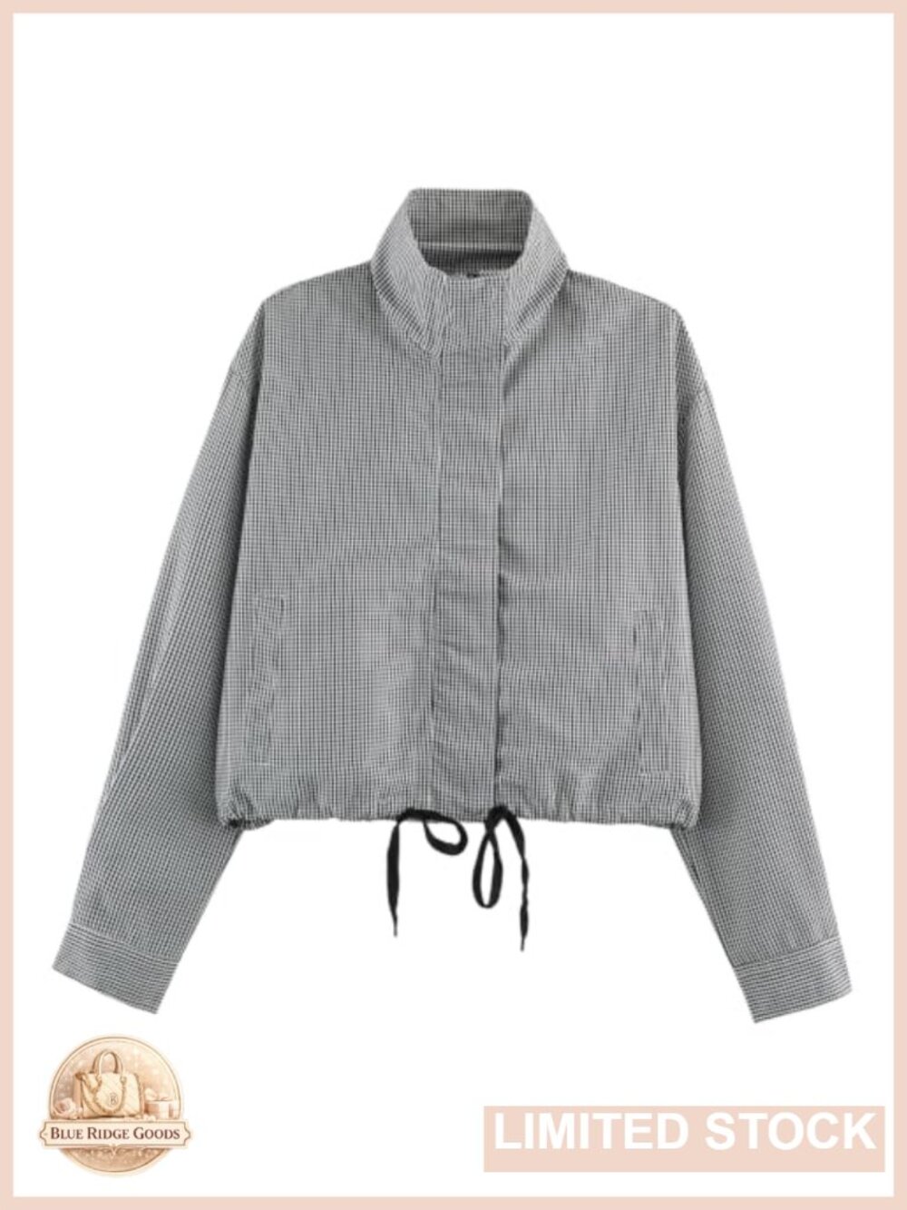 Plaid Funnel Neck Cropped Zip Up Jacket Lightweight Casual Coat